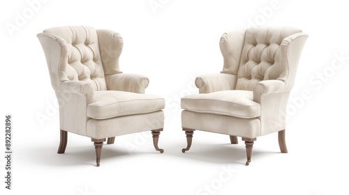 chair at different angles , isolated on white background,armchair different angles isolated on a white background,Back and front view of beige wingback tufted dining chair 