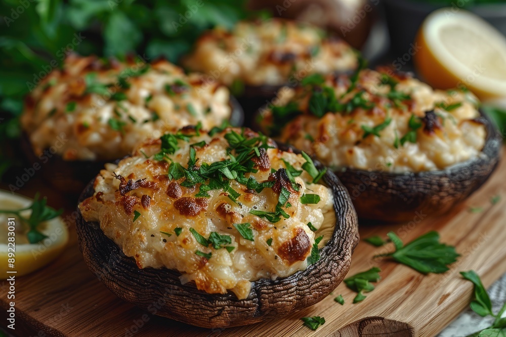 A close up of mushroom caps filled with a creamy cheesy mixture and topped with fresh parsley resting on a wooden cutting board A close up of mushroom caps filled with a creamy cheesy mixture and topped with fresh parsley resting on a wooden cutting board