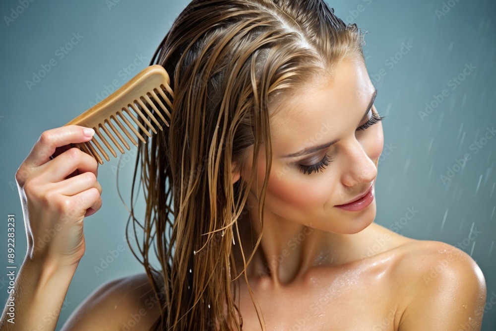 Naklejka premium Woman combing wet hair