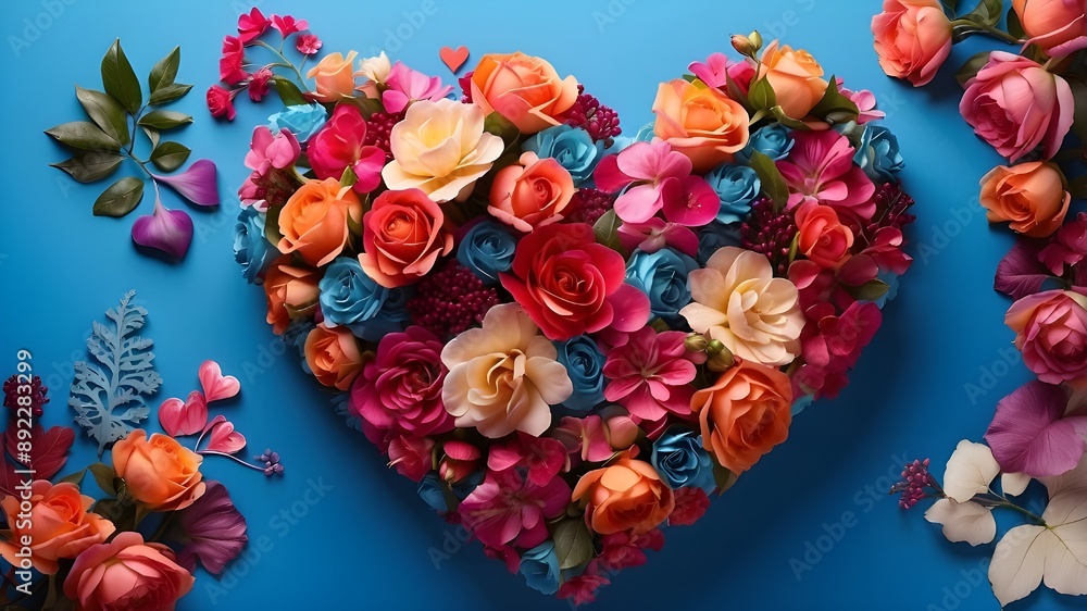 Top view of a vibrant floral arrangement with a heart-shaped background set against a blue backdrop Top view of a vibrant floral arrangement with a heart-shaped background set against a blue backdrop