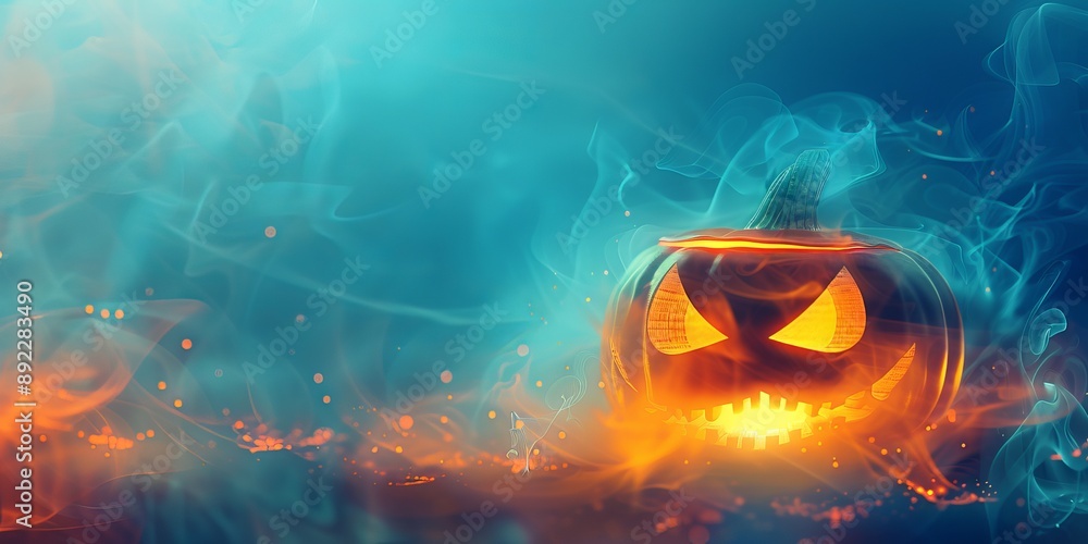 Spooky Halloween Jack-o'-Lantern with Glowing Flames on Mysterious Smoky Background Concept of Halloween, Pumpkin, Holiday, Celebration. Copy space Spooky Halloween Jack-o'-Lantern with Glowing Flames on Mysterious Smoky Background Concept of Halloween, Pumpkin, Holiday, Celebration. Copy space