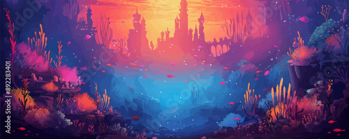 A mystical underwater palace with mermaids swimming among the coral reefs. Vector flat minimalistic isolated illustration.