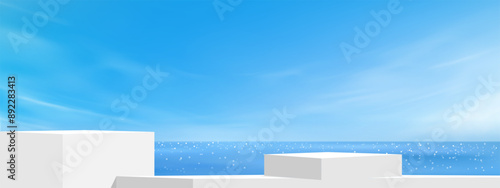 Sky Blue,Cloud and 3d Podium stand Display Background,Horizon Summer Sky over beach,Vector landscape nature sunrise in Winter,Spring panorama banner white clouds over blue ocean
