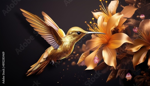 Design a logo of a golden hummingbird feeding on nectar.