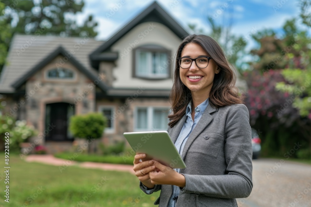 Professional real estate agent holding clipboard in front of suburban house. Business attire and confident smile. Ideal for real estate promotions and advertisements. Generative AI Professional real estate agent holding clipboard in front of suburban house. Business attire and confident smile. Ideal for real estate promotions and advertisements. Generative AI