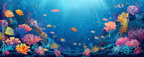Undersea coral reef with tropical fish Vector flat minimalistic isolated illustration
