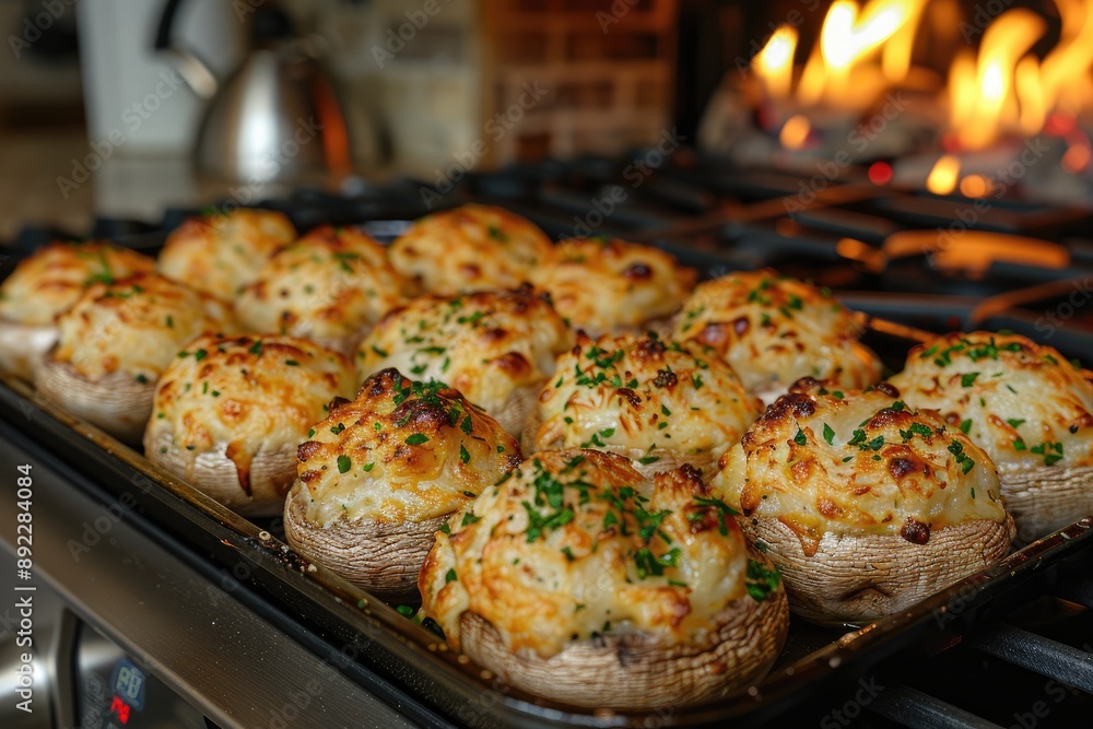 Goldenbrown mushroom caps filled with cheesy goodness and topped with fresh herbs nestled on a baking sheet Goldenbrown mushroom caps filled with cheesy goodness and topped with fresh herbs nestled on a baking sheet