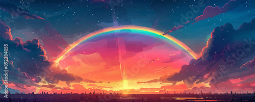 A radiant rainbow arching across the sky after a storm. Vector flat minimalistic isolated illustration.