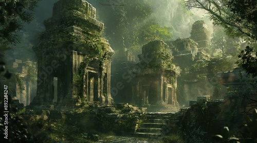 Fototapeta Naklejka Na Ścianę i Meble -  A lush green jungle with two ruined buildings in the background. Anime background. Anime wallpaper