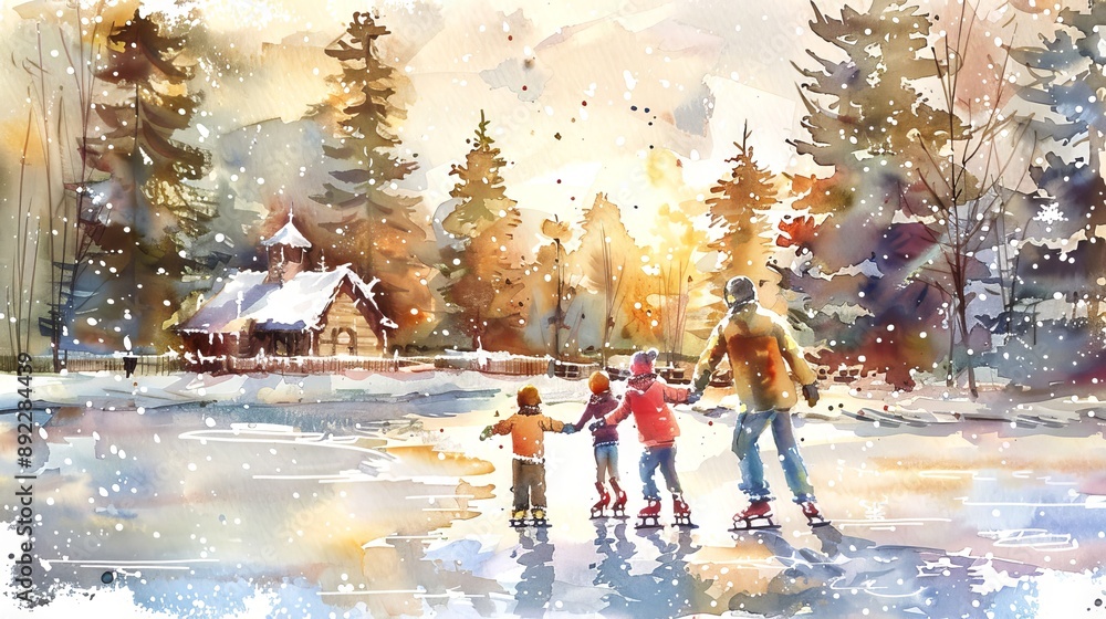 Man with three children ice skating on a frozen lake in a winter landscape. Concept of family bonding, outdoor activities, seasonal recreation Man with three children ice skating on a frozen lake in a winter landscape. Concept of family bonding, outdoor activities, seasonal recreation