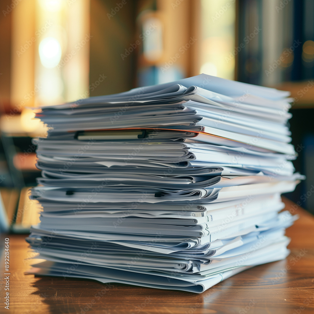 A stack of office documents on a wooden table