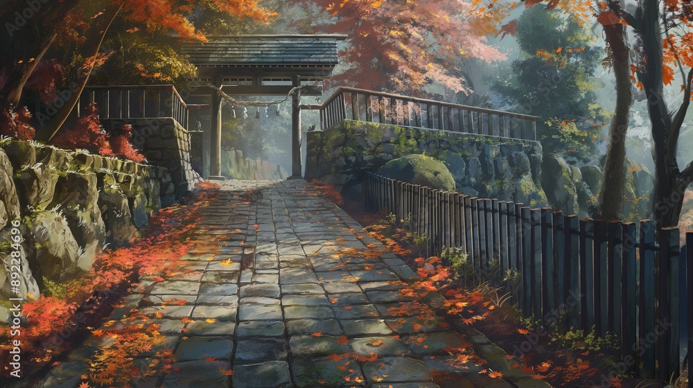 A path with a stone walkway and a wooden fence. Anime background. Anime wallpaper A path with a stone walkway and a wooden fence. Anime background. Anime wallpaper