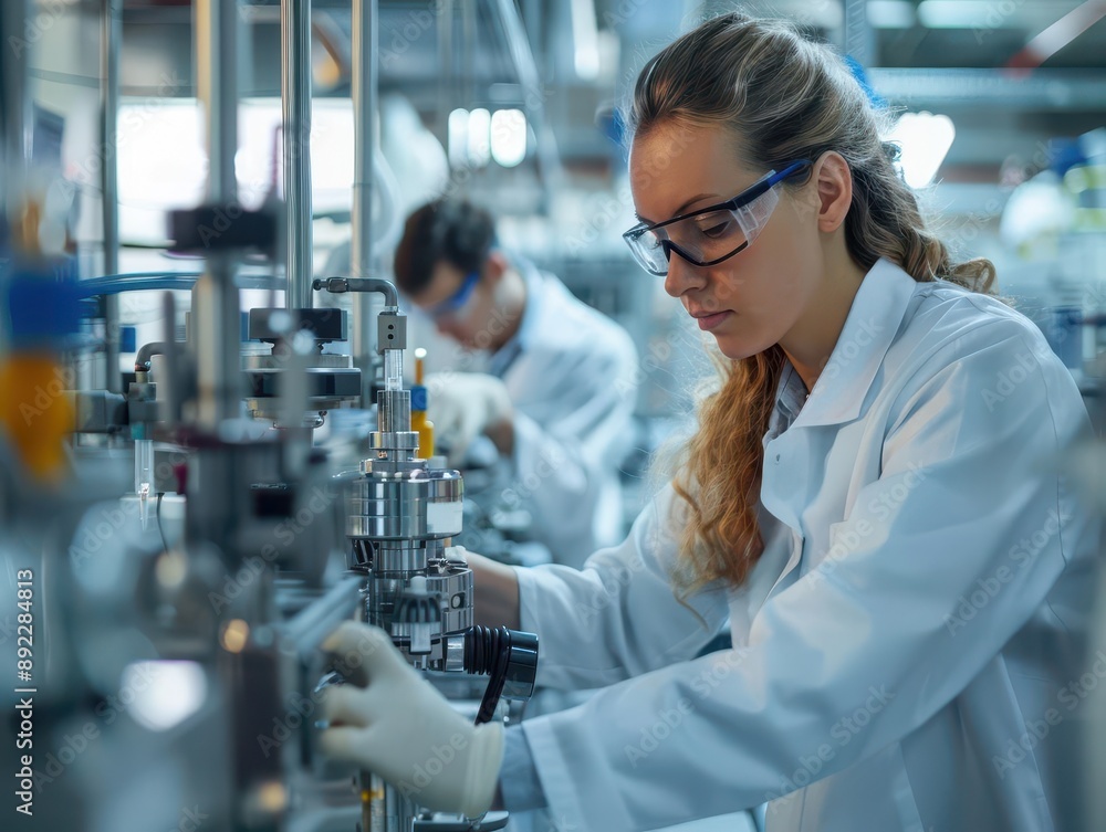 Engineers analyzing complex machinery in a lab, clear text area Engineers analyzing complex machinery in a lab, clear text area