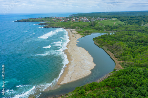 Aerial view of Veleka beach, Bulgaria during a stormy weather and big waves
 photo