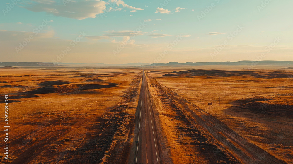 Fototapeta premium A long road stretches across a dry, barren landscape