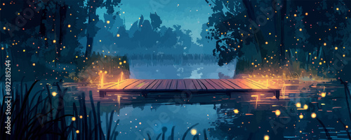 A mystical forest pond with a wooden pier and fireflies dancing in the air. Vector flat minimalistic isolated illustration.