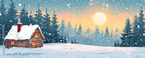 Rustic log cabin in a snowy forest clearing Vector flat minimalistic isolated illustration
