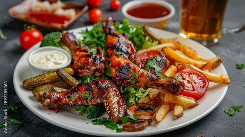 Homemade grilled chicken leg with spices, salad and vegetables on a plate.