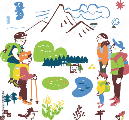 わくわく登山　登山のためふもとに集まった登山客たち　セットのストックイラスト素材	

