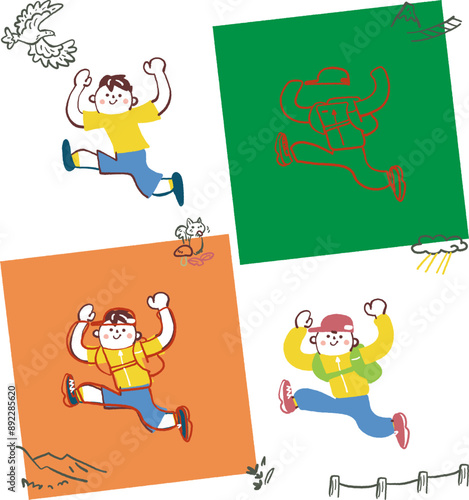 わくわく登山　日常生活の僕と登山支度したぼく　セットのストックイラスト素材
