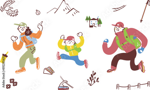 わくわく登山　登山するファミリー　セットのストックイラスト素材
