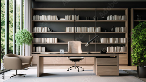 Modern minimalistic office with wooden accents and black dark wall