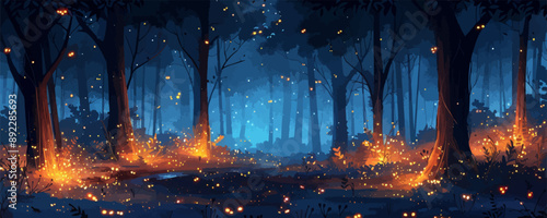 Magical forest with fireflies at night Vector flat minimalistic isolated illustration