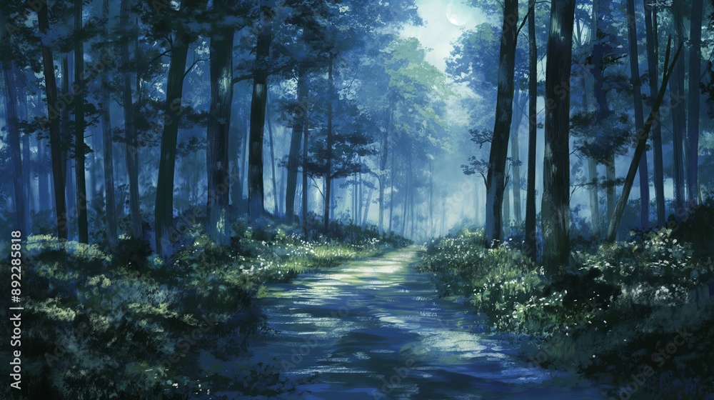 A painting of a forest path with trees in the background. Anime background. Anime wallpaper A painting of a forest path with trees in the background. Anime background. Anime wallpaper