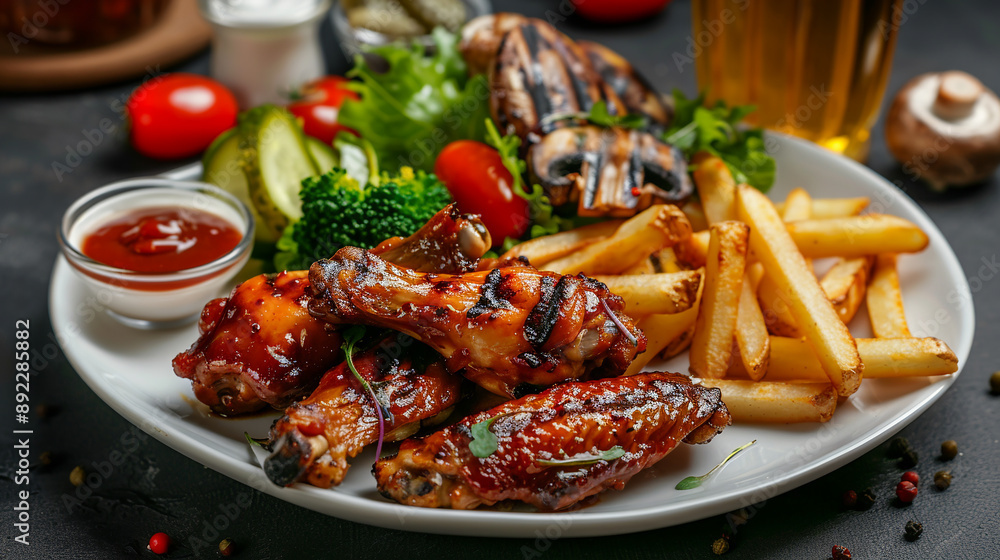 Homemade grilled chicken leg with spices, salad and vegetables on a plate. Homemade grilled chicken leg with spices, salad and vegetables on a plate.