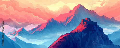 Inca ruins perched on a mountain ridge against a dramatic sky. Vector flat minimalistic isolated illustration.
