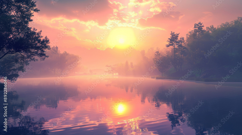 A misty morning over a tranquil lake with a reflection of the rising sun. A misty morning over a tranquil lake with a reflection of the rising sun.