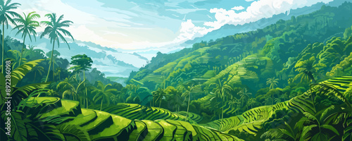 Balinese rice terraces cascading down lush green hillsides. Vector flat minimalistic isolated illustration.