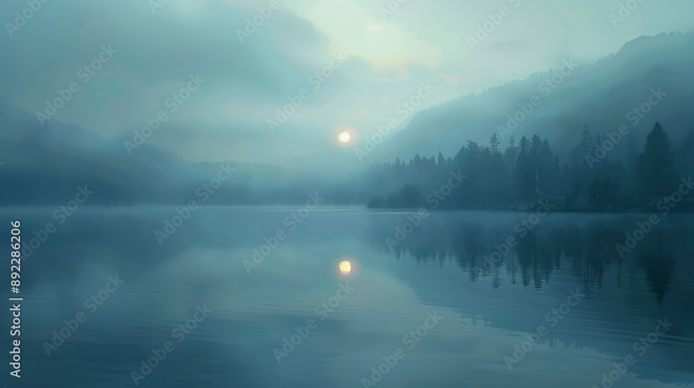 Fototapeta premium A misty morning over a tranquil lake with a reflection of the rising sun.