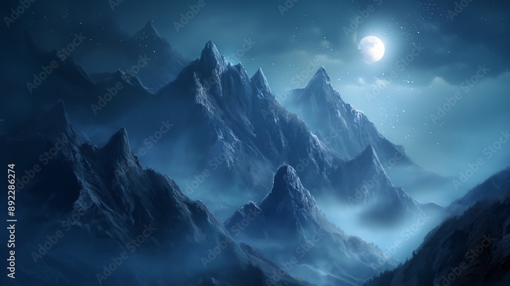 A mountain range with a large moon in the sky. Anime background. Anime wallpaper A mountain range with a large moon in the sky. Anime background. Anime wallpaper