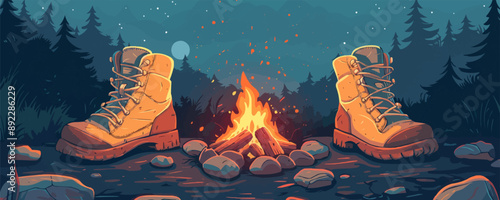 A pair of worn-out hiking boots beside a campfire. Vector flat minimalistic isolated illustration.