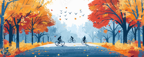 A bike path in the park with cyclists. Vector flat minimalistic isolated illustration.