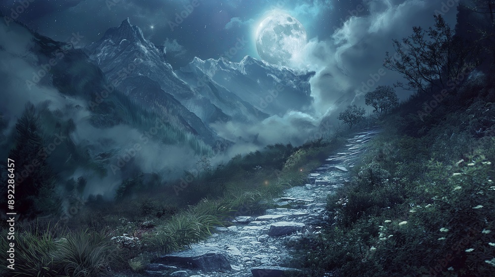 A mountain range with a large moon in the sky. Anime background. Anime wallpaper