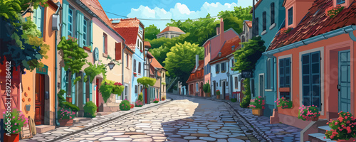 Quaint cobblestone street winding through a charming medieval village. Vector flat minimalistic isolated illustration.