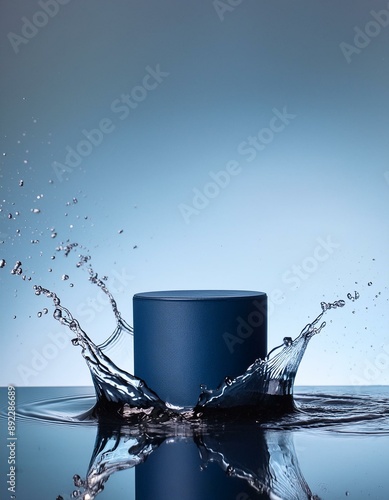 empty blue podium mockup with water splash on a blue gradient background for product display