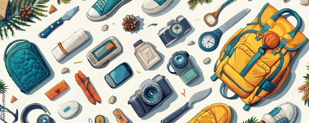 Outdoor essentials on a clean white surface. Vector flat isolated illustration. Outdoor essentials on a clean white surface. Vector flat isolated illustration.