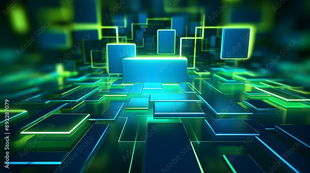 3d rendering of blue and green abstract geometric background. Scene for advertising, technology, showcase, banner, game, sport, cosmetic, business, metaverse. Sci-Fi Illustration. Product display 3d rendering of blue and green abstract geometric background. Scene for advertising, technology, showcase, banner, game, sport, cosmetic, business, metaverse. Sci-Fi Illustration. Product display
