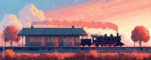 Vintage train station with steam locomotive Vector flat minimalistic isolated illustration