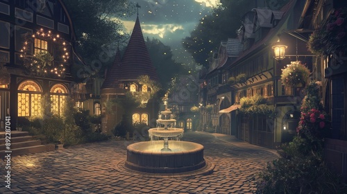 Fototapeta Naklejka Na Ścianę i Meble -  A small town square with a fountain in the center. Anime background. Anime wallpaper