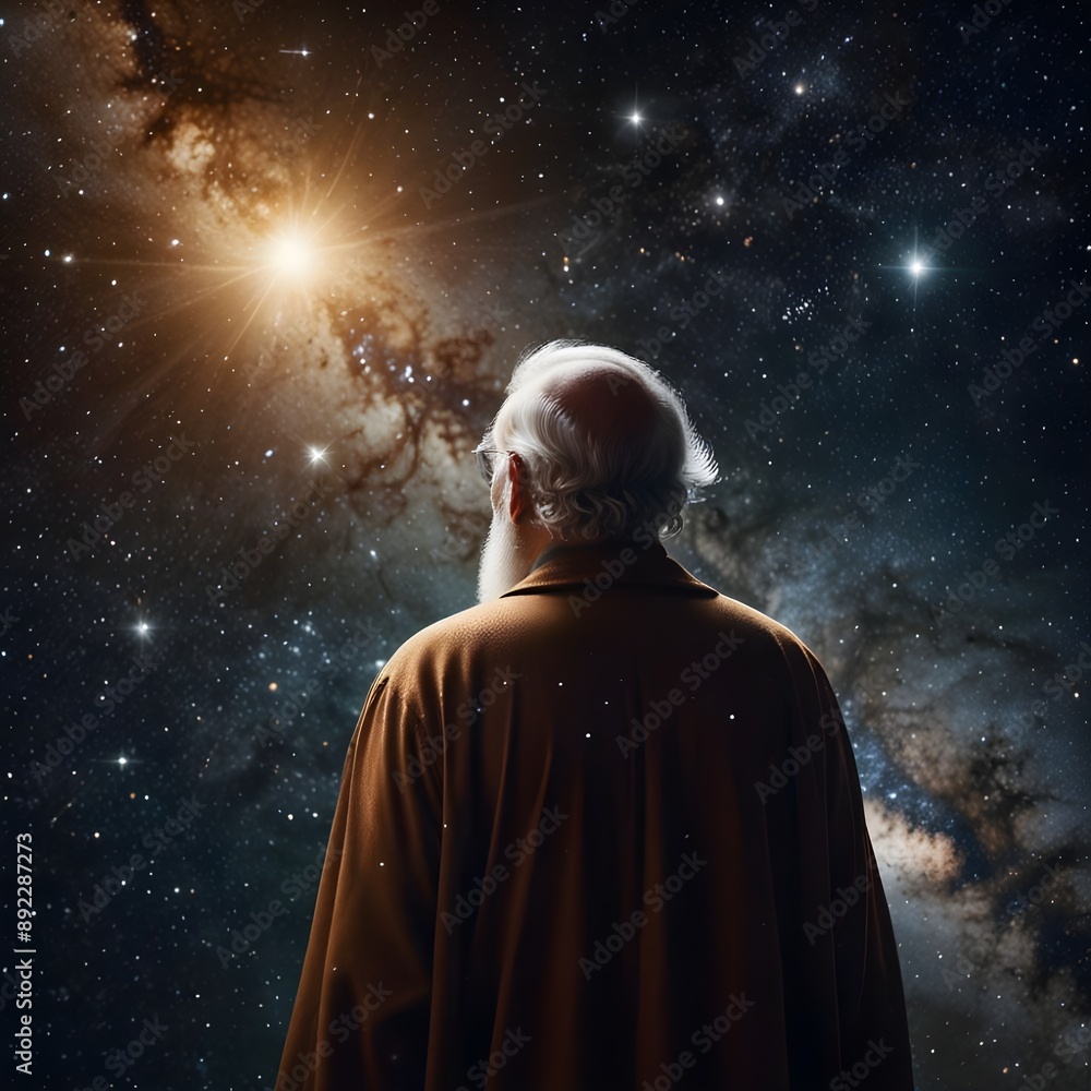 Wise man from behind floating in the universe. Surrounded by stars and white light beams, religion, spirituality, sect, leader, mysticism, spiritualism Wise man from behind floating in the universe. Surrounded by stars and white light beams, religion, spirituality, sect, leader, mysticism, spiritualism
