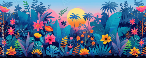 Tropical rainforest with exotic plants and animals Vector flat minimalistic isolated illustration