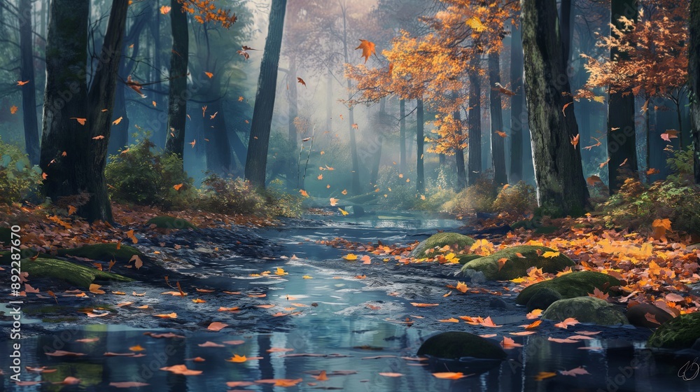 A forest with a stream of water and leaves falling from the trees. Anime background. Anime wallpaper A forest with a stream of water and leaves falling from the trees. Anime background. Anime wallpaper