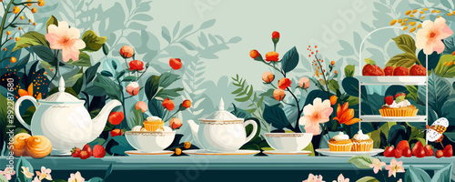 A whimsical garden party with tea and pastries served on vintage china. Vector flat minimalistic isolated illustration.