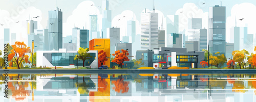 Modern cityscape with diverse architecture and parks Vector flat minimalistic isolated illustration