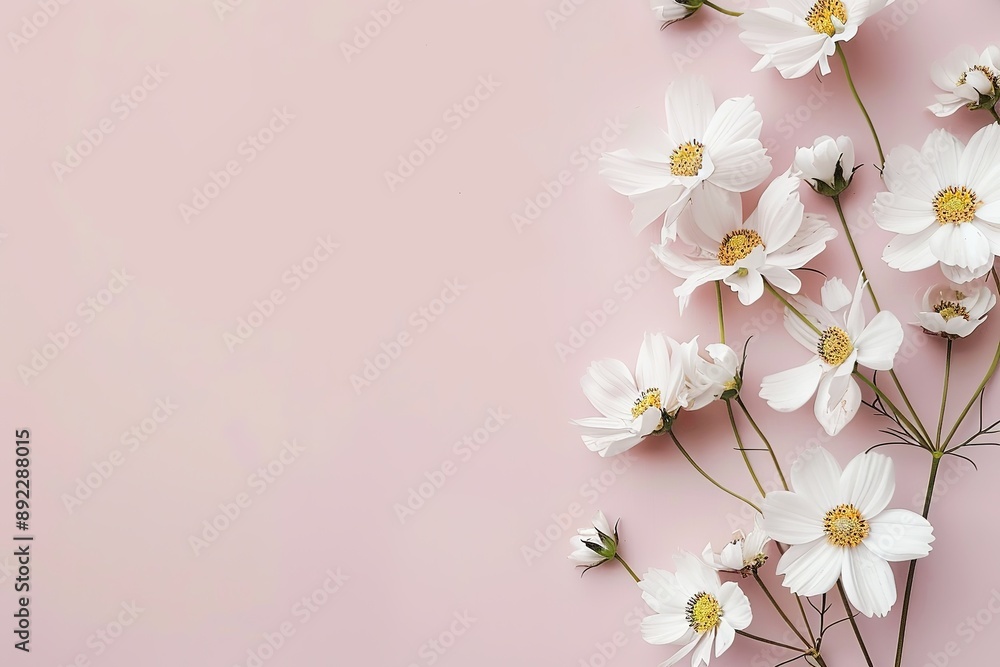 Elegant White Cosmos Flowers on Pink Background with Copy Space, High Definition Floral Frame for Design Concepts