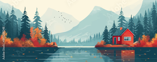 Peaceful lakeside cabin surrounded by trees Vector flat minimalistic isolated illustration